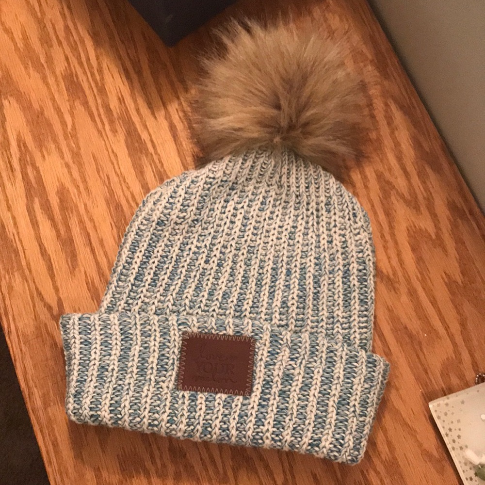 Love Your Melon Blue and White Knit Pom Beanie